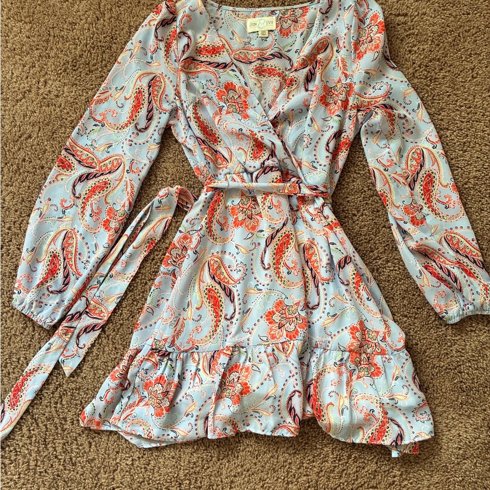 Chic Paisley Wrap Dress - Light Blue and Orange
